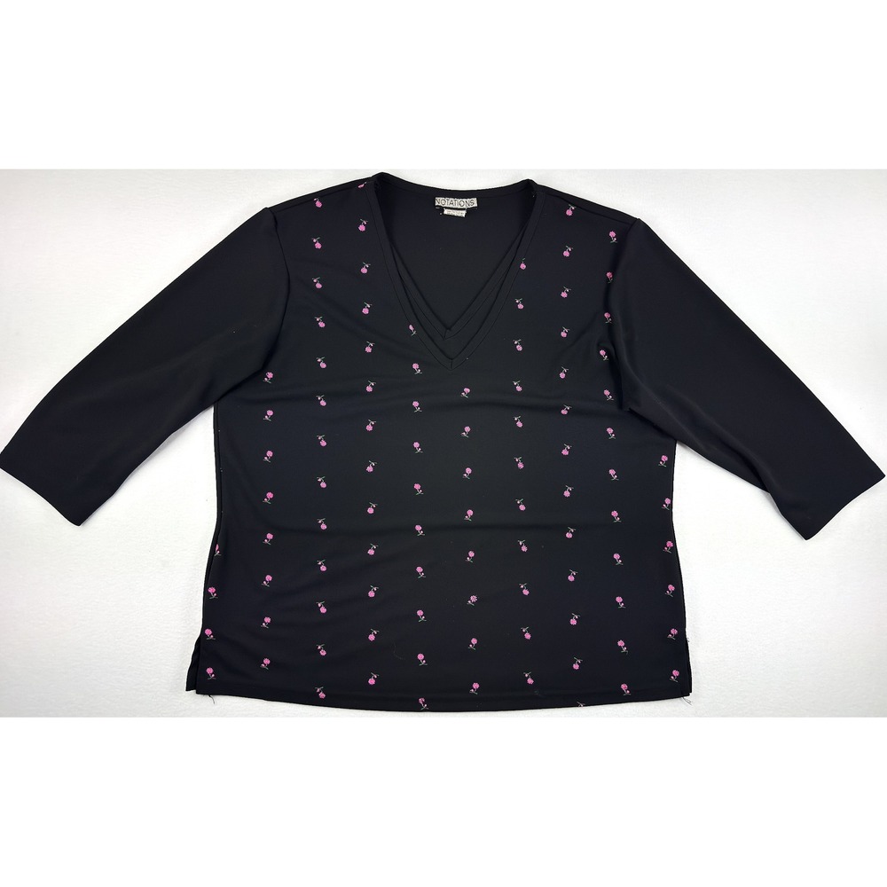 Vintage Notations Top Womens L Black Pink Rose Floral V Neck 3/4 Sleeve USA